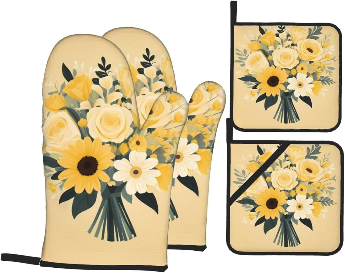 Light Yellow Bouquet Prints Waterproof Oven Throw Set of 4 with Heat Resistance & Easy Clean Kitchen Layers for Pot, Pan & Grill