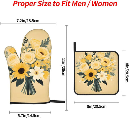 Light Yellow Bouquet Prints Waterproof Oven Throw Set of 4 with Heat Resistance & Easy Clean Kitchen Layers for Pot, Pan & Grill