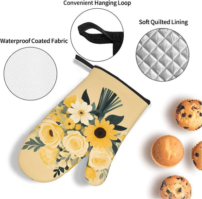 Light Yellow Bouquet Prints Waterproof Oven Throw Set of 4 with Heat Resistance & Easy Clean Kitchen Layers for Pot, Pan & Grill