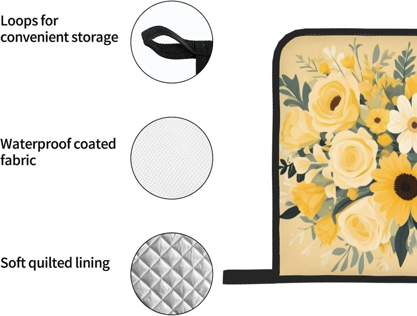 Light Yellow Bouquet Prints Waterproof Oven Throw Set of 4 with Heat Resistance & Easy Clean Kitchen Layers for Pot, Pan & Grill