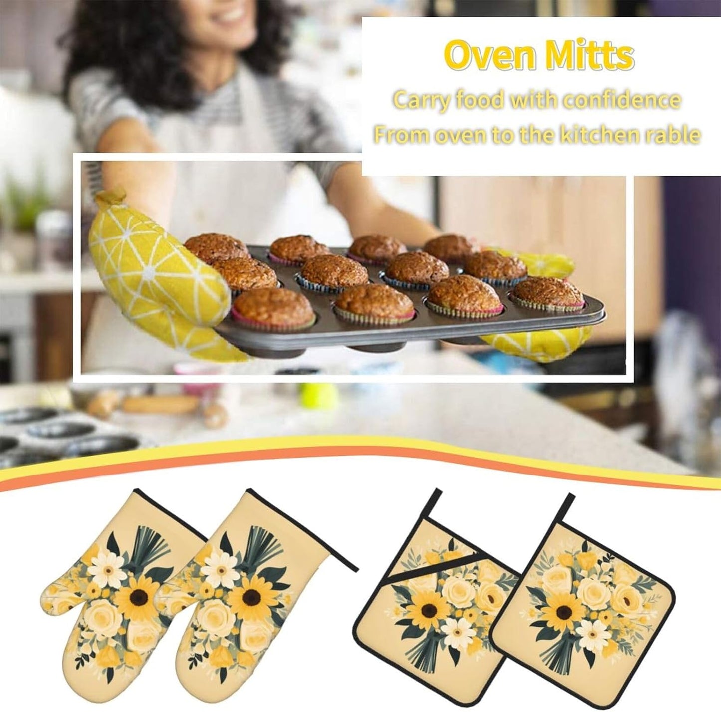 Light Yellow Bouquet Prints Waterproof Oven Throw Set of 4 with Heat Resistance & Easy Clean Kitchen Layers for Pot, Pan & Grill