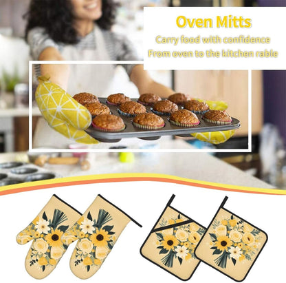 Light Yellow Bouquet Prints Waterproof Oven Throw Set of 4 with Heat Resistance & Easy Clean Kitchen Layers for Pot, Pan & Grill