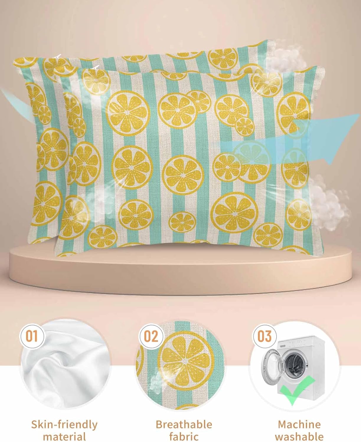 Satin Pillowcase for Hair and Skin, Yellow Lemon Teal Stripes Linen Background Silky Pillow Cases Standard Size with Zipper 2 Pack Soft Cooling Pillow Cover for Women Men, 20''x26''