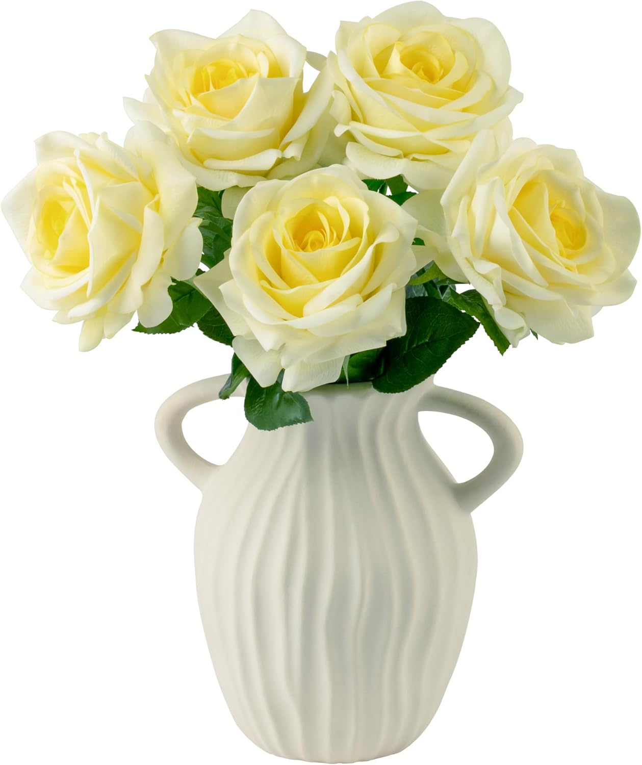 Real Touch Artificial Roses, 5Pcs Light Yellow Faux Silk Flowers | 4.3" Full Blooms, Pale Yellow, 25" Tall Stems, Moisturizing Touch, Fake Rose for Allergies, Wedding & Home Arrangements