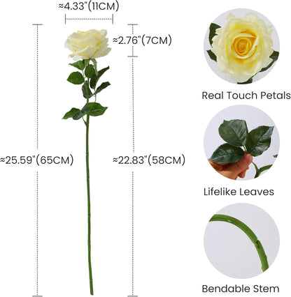 Real Touch Artificial Roses, 5Pcs Light Yellow Faux Silk Flowers | 4.3" Full Blooms, Pale Yellow, 25" Tall Stems, Moisturizing Touch, Fake Rose for Allergies, Wedding & Home Arrangements