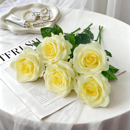 Real Touch Artificial Roses, 5Pcs Light Yellow Faux Silk Flowers | 4.3" Full Blooms, Pale Yellow, 25" Tall Stems, Moisturizing Touch, Fake Rose for Allergies, Wedding & Home Arrangements