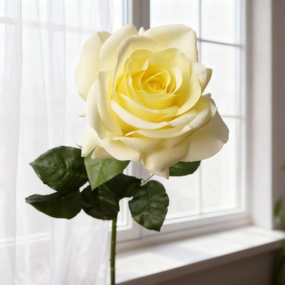 Real Touch Artificial Roses, 5Pcs Light Yellow Faux Silk Flowers | 4.3" Full Blooms, Pale Yellow, 25" Tall Stems, Moisturizing Touch, Fake Rose for Allergies, Wedding & Home Arrangements