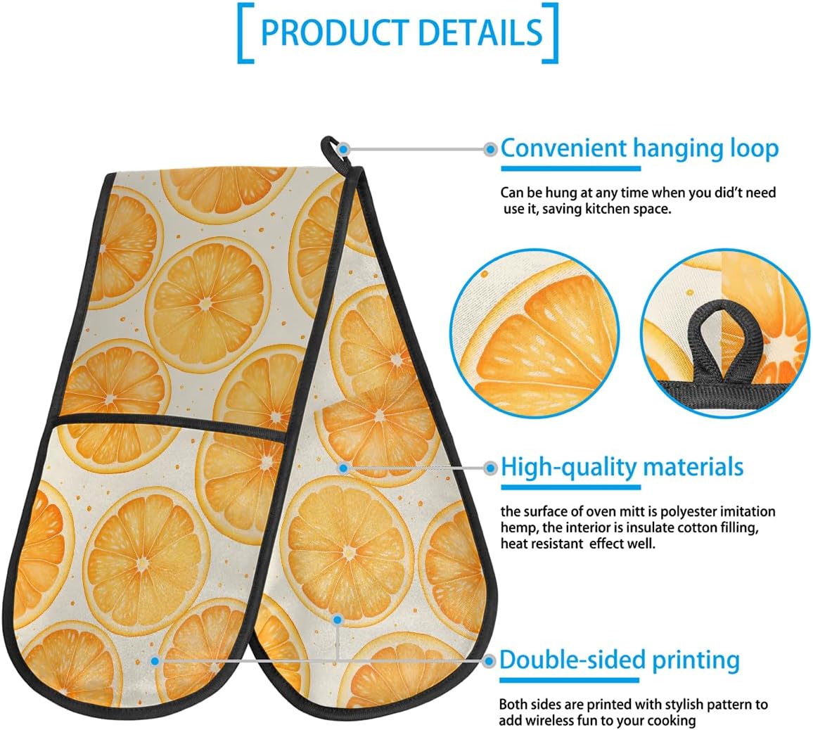 Double Oven Mitts Orange Fruit Lemon Long Heat Resistant Oven Glove with Hanging Loop, Double Oven Mitt Potholder for Cooking Baking Grilling