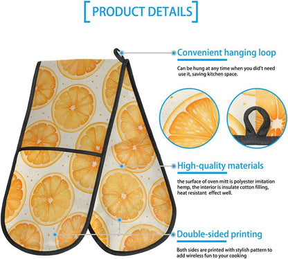 Double Oven Mitts Orange Fruit Lemon Long Heat Resistant Oven Glove with Hanging Loop, Double Oven Mitt Potholder for Cooking Baking Grilling