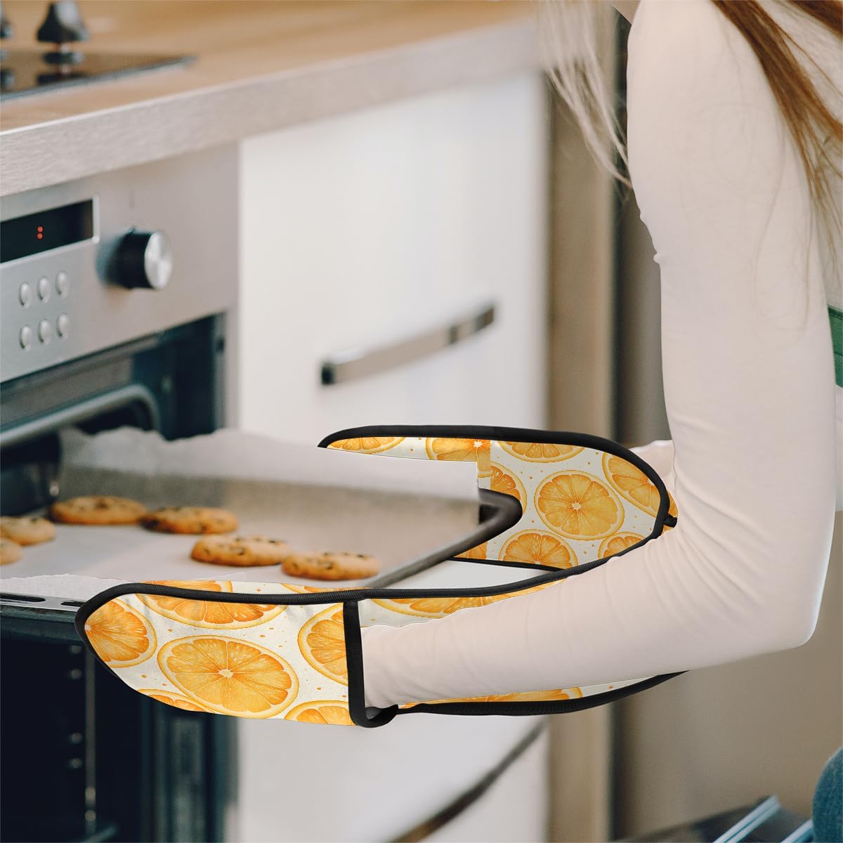 Double Oven Mitts Orange Fruit Lemon Long Heat Resistant Oven Glove with Hanging Loop, Double Oven Mitt Potholder for Cooking Baking Grilling