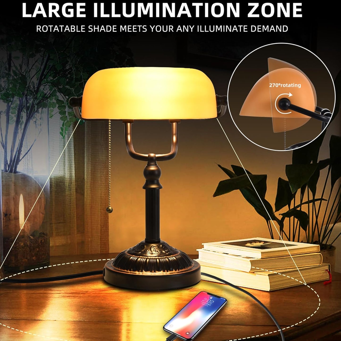 Bankers Desk Lamp with USB-A Port, Rustic Desk Lamp Pull Chain with Yellow Glass Shade, Vintage Banker's Desk Lamp Oil Rubbed Bronze for Home Office Library