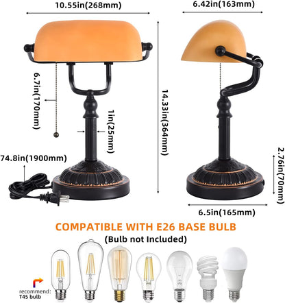 Bankers Desk Lamp with USB-A Port, Rustic Desk Lamp Pull Chain with Yellow Glass Shade, Vintage Banker's Desk Lamp Oil Rubbed Bronze for Home Office Library