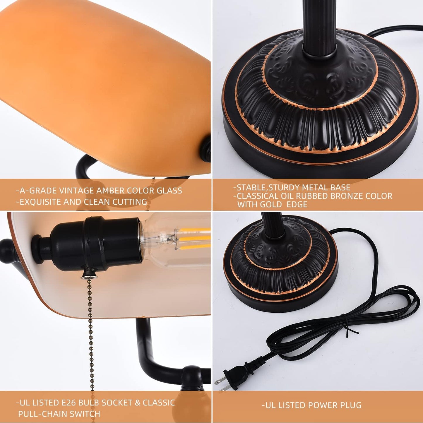 Bankers Desk Lamp with USB-A Port, Rustic Desk Lamp Pull Chain with Yellow Glass Shade, Vintage Banker's Desk Lamp Oil Rubbed Bronze for Home Office Library