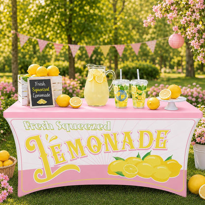 6FT Lemonade Spandex Tablecloth Lemon Theme Stretch Spandex Table Cover Lemonade Stand Supplies Rectangular Fitted 6Ft Lemon Party Decoration Tablecloth for Summer Lemons Birthday Picnic Supply (Pink)