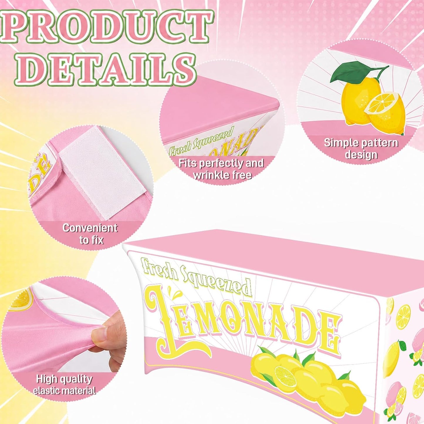 6FT Lemonade Spandex Tablecloth Lemon Theme Stretch Spandex Table Cover Lemonade Stand Supplies Rectangular Fitted 6Ft Lemon Party Decoration Tablecloth for Summer Lemons Birthday Picnic Supply (Pink)