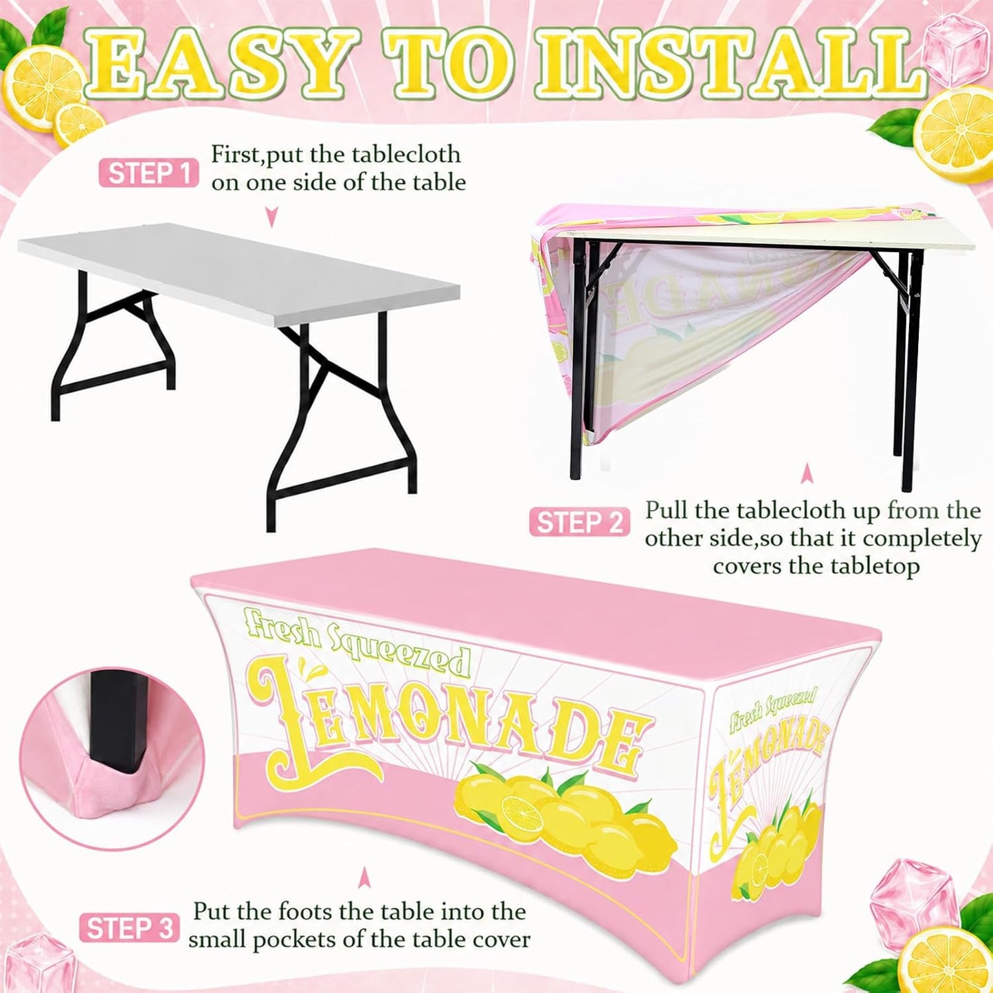 6FT Lemonade Spandex Tablecloth Lemon Theme Stretch Spandex Table Cover Lemonade Stand Supplies Rectangular Fitted 6Ft Lemon Party Decoration Tablecloth for Summer Lemons Birthday Picnic Supply (Pink)