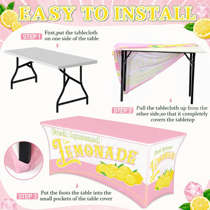 6FT Lemonade Spandex Tablecloth Lemon Theme Stretch Spandex Table Cover Lemonade Stand Supplies Rectangular Fitted 6Ft Lemon Party Decoration Tablecloth for Summer Lemons Birthday Picnic Supply (Pink)