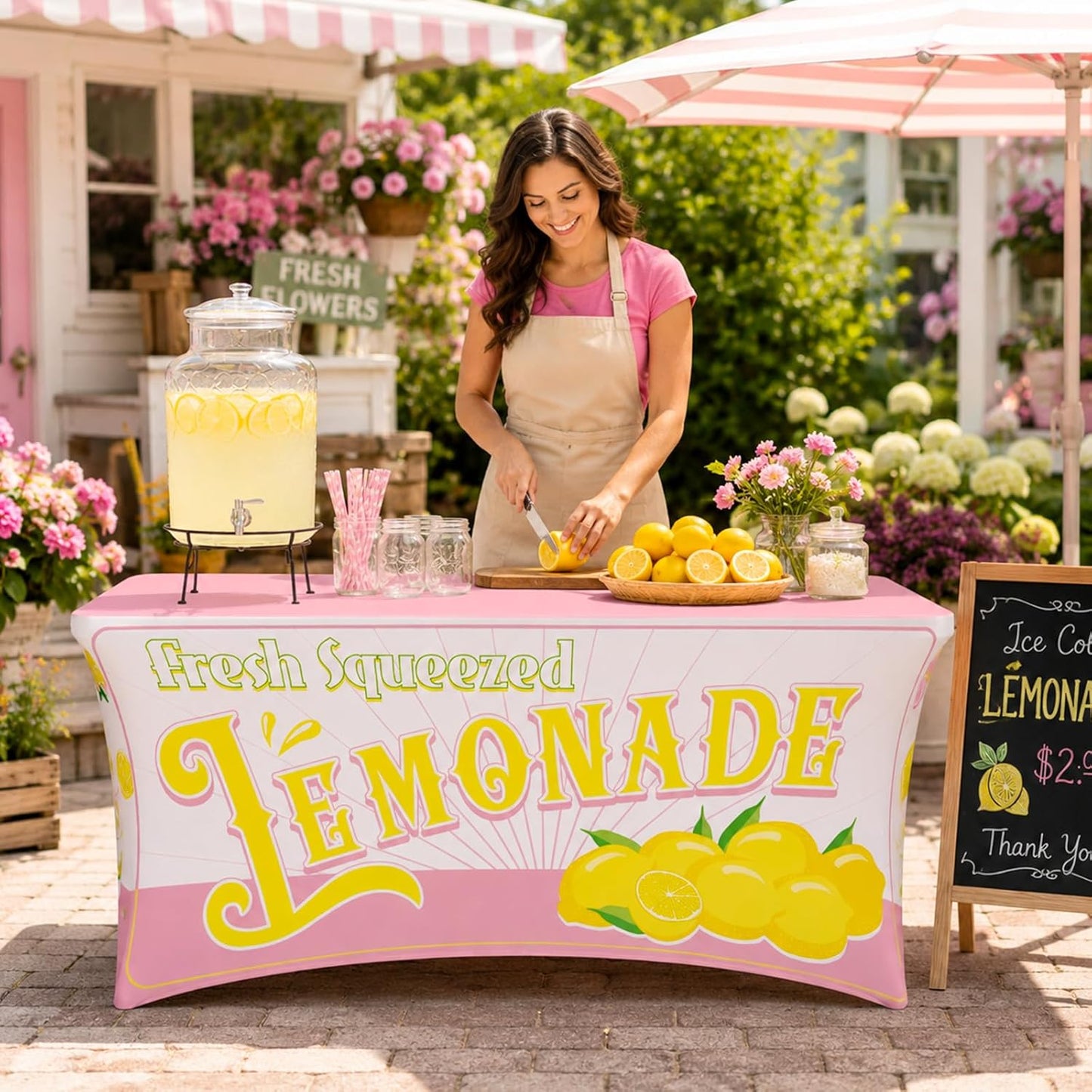 6FT Lemonade Spandex Tablecloth Lemon Theme Stretch Spandex Table Cover Lemonade Stand Supplies Rectangular Fitted 6Ft Lemon Party Decoration Tablecloth for Summer Lemons Birthday Picnic Supply (Pink)