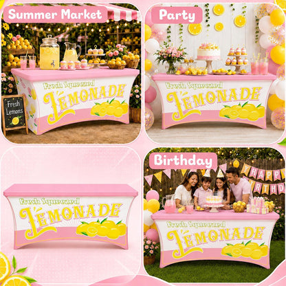 6FT Lemonade Spandex Tablecloth Lemon Theme Stretch Spandex Table Cover Lemonade Stand Supplies Rectangular Fitted 6Ft Lemon Party Decoration Tablecloth for Summer Lemons Birthday Picnic Supply (Pink)