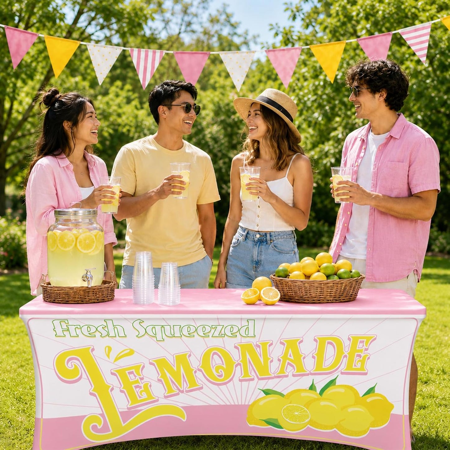 6FT Lemonade Spandex Tablecloth Lemon Theme Stretch Spandex Table Cover Lemonade Stand Supplies Rectangular Fitted 6Ft Lemon Party Decoration Tablecloth for Summer Lemons Birthday Picnic Supply (Pink)