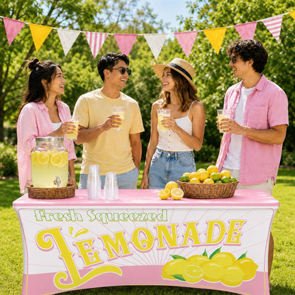 6FT Lemonade Spandex Tablecloth Lemon Theme Stretch Spandex Table Cover Lemonade Stand Supplies Rectangular Fitted 6Ft Lemon Party Decoration Tablecloth for Summer Lemons Birthday Picnic Supply (Pink)