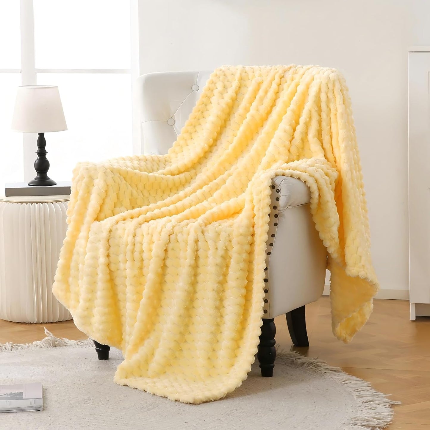 Light Yellow Flannel Throw Blanket (50X40 inches), 300 GSM Fleece Cozy Warm Soft Lightweight Bed Sofa Blanket for Babys and Pets, Suitable for All Seasons