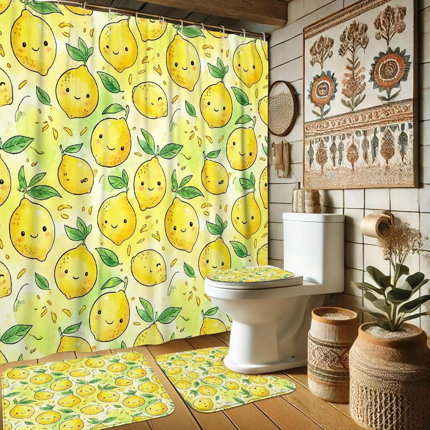 Lemon Shower Curtain Sets, Summer Playful Leaf Smile Summer Yellow Waterproof Fabric Bathroom Cloth Shower Curtain and Rug Set Decorative for Toile Guest Room 72x72 Inch