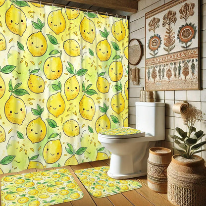 Lemon Shower Curtain Sets, Summer Playful Leaf Smile Summer Yellow Waterproof Fabric Bathroom Cloth Shower Curtain and Rug Set Decorative for Toile Guest Room 72x72 Inch