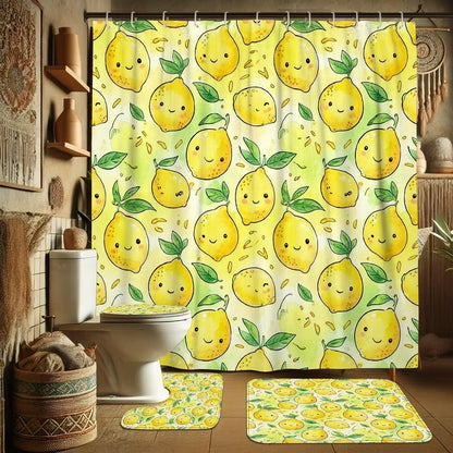 Lemon Shower Curtain Sets, Summer Playful Leaf Smile Summer Yellow Waterproof Fabric Bathroom Cloth Shower Curtain and Rug Set Decorative for Toile Guest Room 72x72 Inch