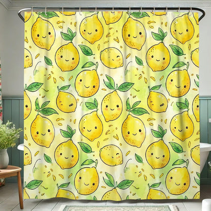 Lemon Shower Curtain Sets, Summer Playful Leaf Smile Summer Yellow Waterproof Fabric Bathroom Cloth Shower Curtain and Rug Set Decorative for Toile Guest Room 72x72 Inch