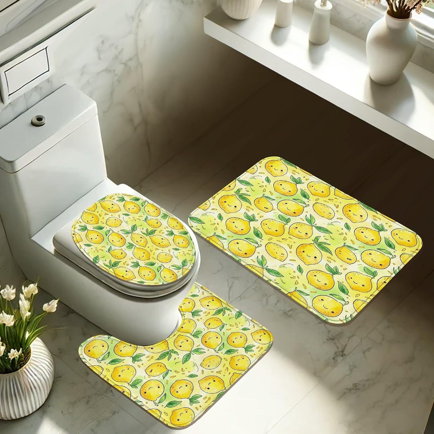 Lemon Shower Curtain Sets, Summer Playful Leaf Smile Summer Yellow Waterproof Fabric Bathroom Cloth Shower Curtain and Rug Set Decorative for Toile Guest Room 72x72 Inch