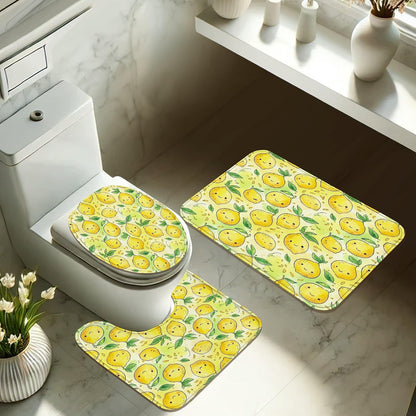 Lemon Shower Curtain Sets, Summer Playful Leaf Smile Summer Yellow Waterproof Fabric Bathroom Cloth Shower Curtain and Rug Set Decorative for Toile Guest Room 72x72 Inch