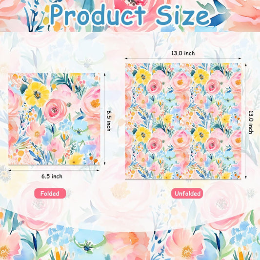 40PCS Floral Paper Napkins, 6.5" x 6.5" Disposable Luncheon Napkins with Watercolor Pink Roses & Yellow Flowers Design for Wedding Receptions, Bridal, Baby Showers, Birthday Parties, Outdoor Picnics