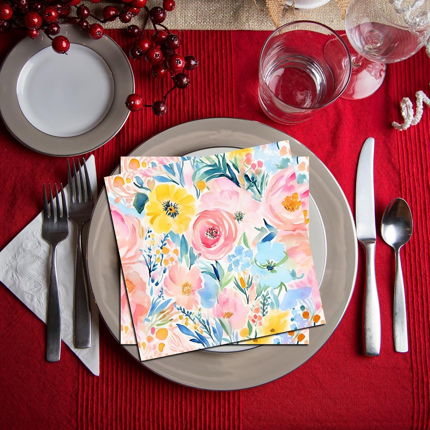 40PCS Floral Paper Napkins, 6.5" x 6.5" Disposable Luncheon Napkins with Watercolor Pink Roses & Yellow Flowers Design for Wedding Receptions, Bridal, Baby Showers, Birthday Parties, Outdoor Picnics