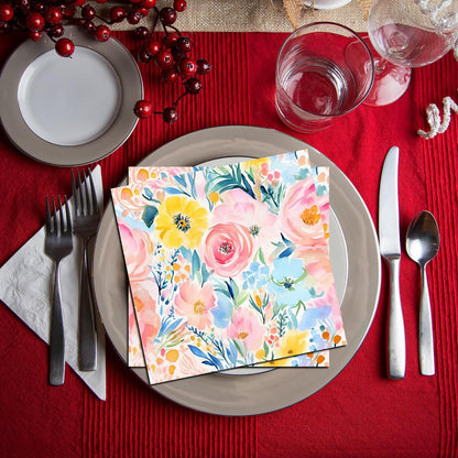 40PCS Floral Paper Napkins, 6.5" x 6.5" Disposable Luncheon Napkins with Watercolor Pink Roses & Yellow Flowers Design for Wedding Receptions, Bridal, Baby Showers, Birthday Parties, Outdoor Picnics