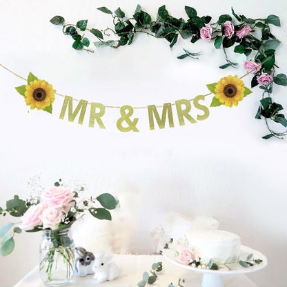Mr & Mrs Sunflower Banner, Wedding Hanging Decoration for Bridal Shower, Bachelorette Party, Photo Props.