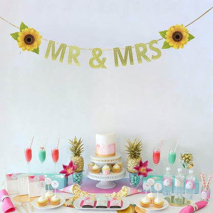 Mr & Mrs Sunflower Banner, Wedding Hanging Decoration for Bridal Shower, Bachelorette Party, Photo Props.