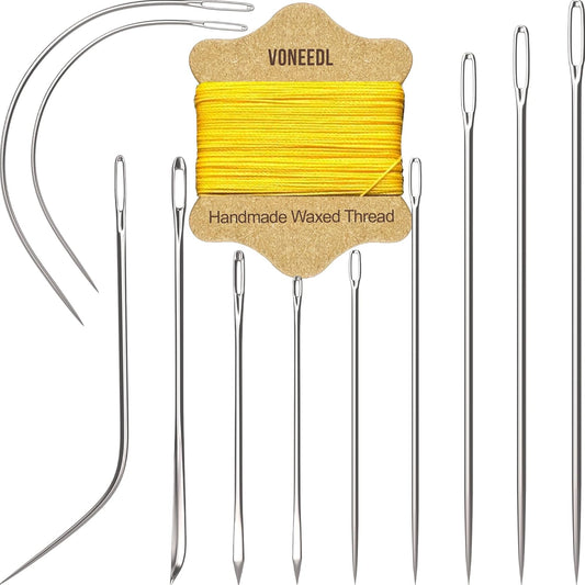 Upholstery Repair Kit: Waxed Sewing Thread (Yellow Color) & Heavy Duty Needles (11 PCS) for Leather, Canvas & Quilting Thread