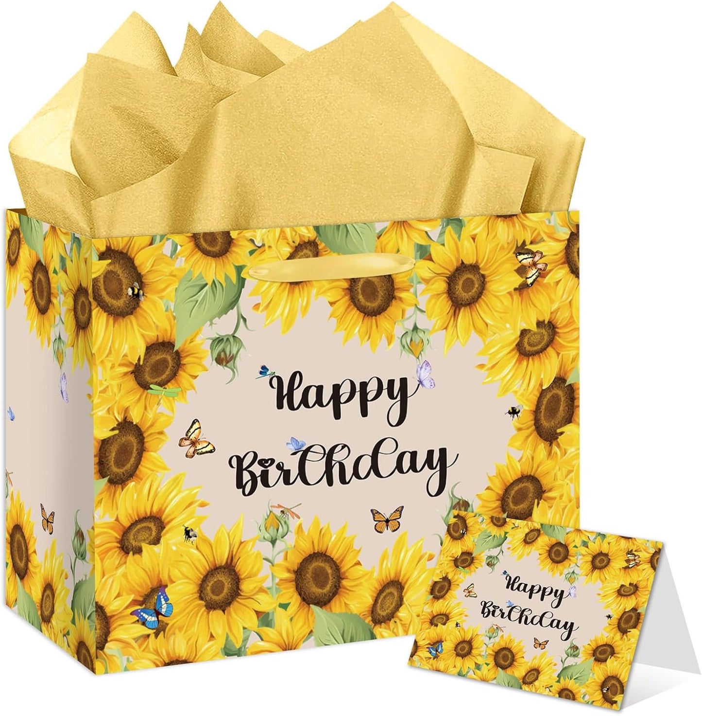 Sunflower Birthday Gift Bag Yellow Sunflower Paper Bag with Card Yellow Tissue Paper Sunflower Wrapping Paper Bag for Women Girls Christmas Wedding Birthday Party Supplies