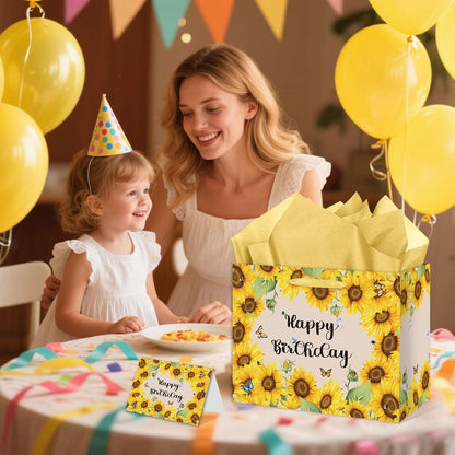 Sunflower Birthday Gift Bag Yellow Sunflower Paper Bag with Card Yellow Tissue Paper Sunflower Wrapping Paper Bag for Women Girls Christmas Wedding Birthday Party Supplies