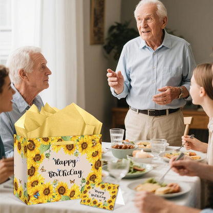 Sunflower Birthday Gift Bag Yellow Sunflower Paper Bag with Card Yellow Tissue Paper Sunflower Wrapping Paper Bag for Women Girls Christmas Wedding Birthday Party Supplies