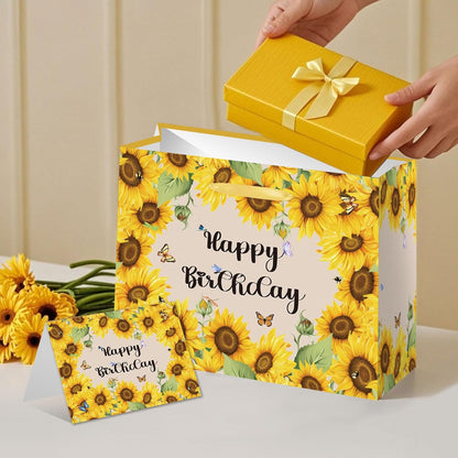 Sunflower Birthday Gift Bag Yellow Sunflower Paper Bag with Card Yellow Tissue Paper Sunflower Wrapping Paper Bag for Women Girls Christmas Wedding Birthday Party Supplies