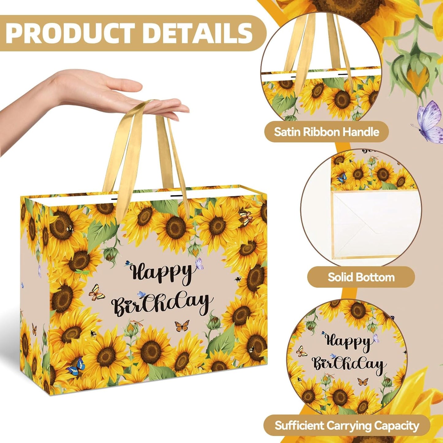 Sunflower Birthday Gift Bag Yellow Sunflower Paper Bag with Card Yellow Tissue Paper Sunflower Wrapping Paper Bag for Women Girls Christmas Wedding Birthday Party Supplies