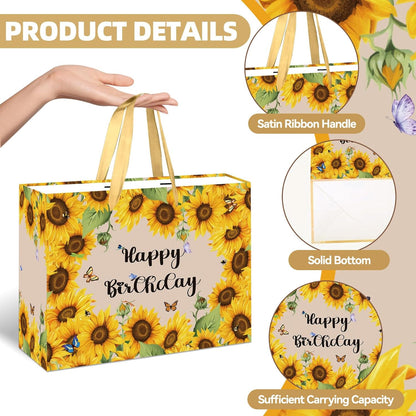 Sunflower Birthday Gift Bag Yellow Sunflower Paper Bag with Card Yellow Tissue Paper Sunflower Wrapping Paper Bag for Women Girls Christmas Wedding Birthday Party Supplies