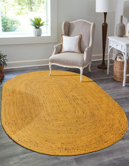 Hand Braided Woven Jute Area Rug Bohemian Style Natural Fiber Rug Eco Friendly Durable Briad Rug Ideal for Kitchen, Dining Room, Entryway, Color Yellow Jute (2' x 3' Oval / 60 cm x 90 cm)