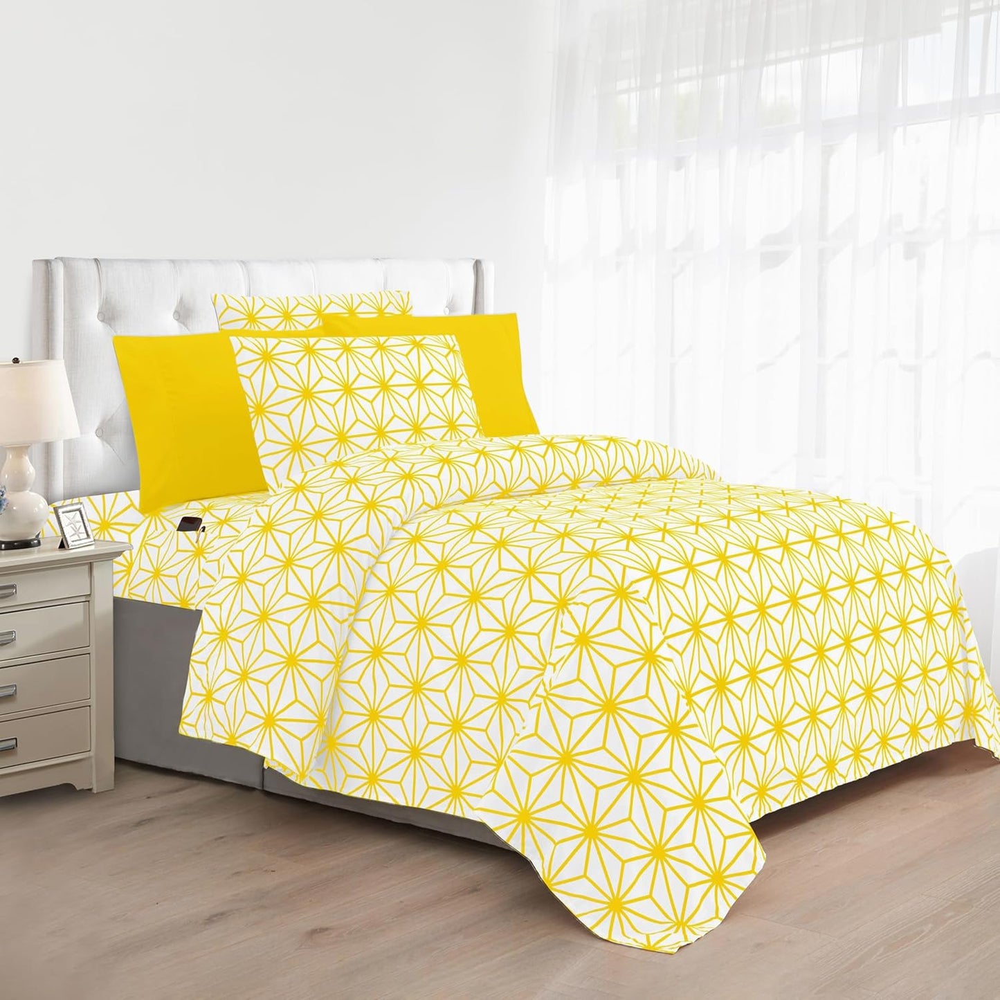 Luxury Soft 6-Piece Cube Geometric Pattern Sheet Set - 1500 Premium Quality Microfiber - Wrinkle and Fade Resistant Coziest Bedding Set, All Around Elastic Fitted Sheet, Queen, Yellow