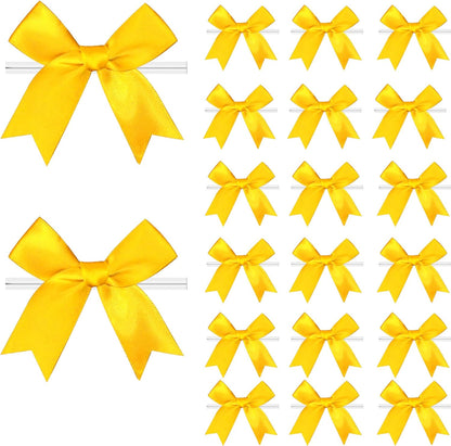 60 Pcs Twist Tie Bows Satin Ribbon Bow 3.3 Inch Gift Wrap Ribbons Craft Bows for Gift Wrapping, Party Decorations Gifts Bag DIY Treat Bags Yellow