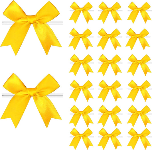 60 Pcs Twist Tie Bows Satin Ribbon Bow 3.3 Inch Gift Wrap Ribbons Craft Bows for Gift Wrapping, Party Decorations Gifts Bag DIY Treat Bags Yellow
