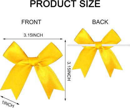 60 Pcs Twist Tie Bows Satin Ribbon Bow 3.3 Inch Gift Wrap Ribbons Craft Bows for Gift Wrapping, Party Decorations Gifts Bag DIY Treat Bags Yellow
