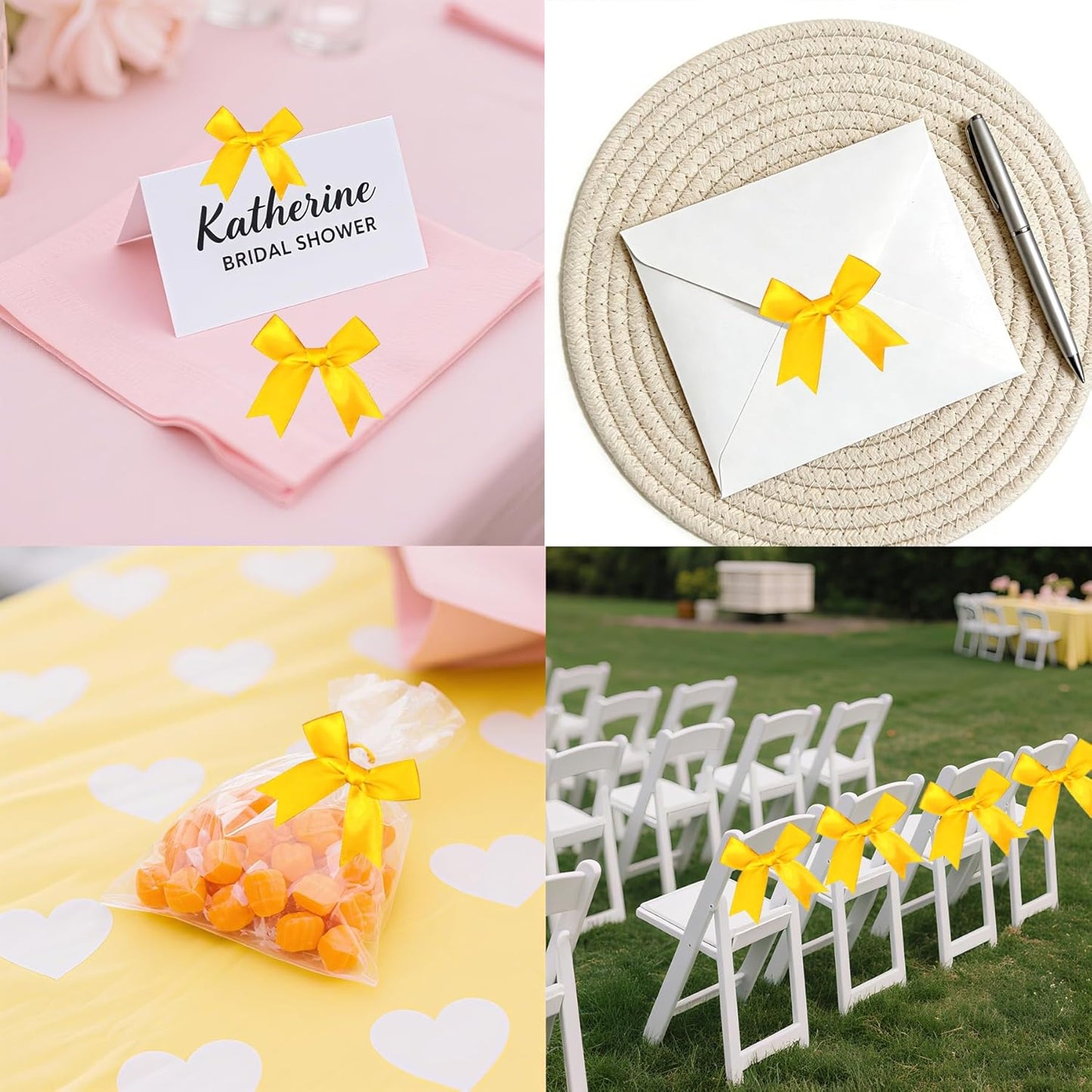 60 Pcs Twist Tie Bows Satin Ribbon Bow 3.3 Inch Gift Wrap Ribbons Craft Bows for Gift Wrapping, Party Decorations Gifts Bag DIY Treat Bags Yellow